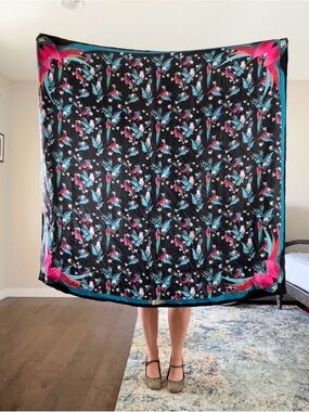 Henri Bendel silk scarf parrots owls and stripes in jewel tones